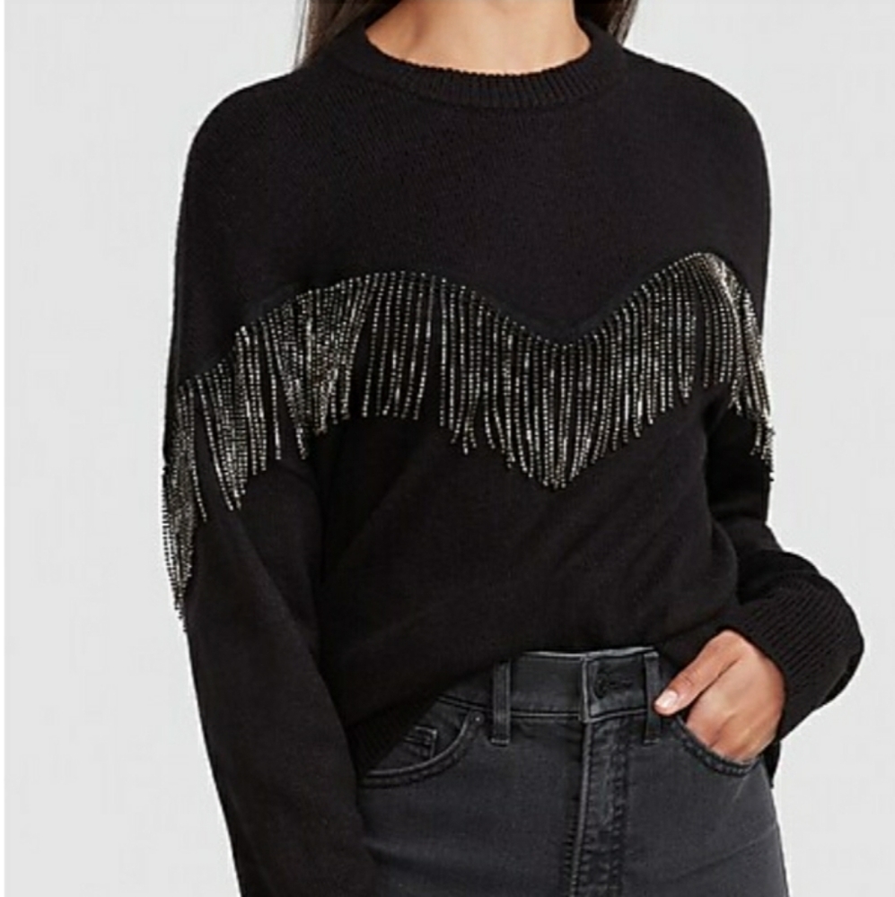 Express rhinestone embellished fringe sweater